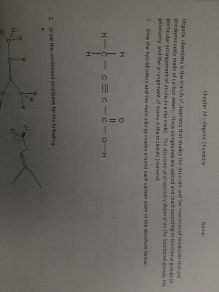 Solved Chapter 24 - Organic Chemistry Name: Organic | Chegg.com
