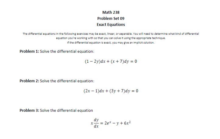 Solved Math 238 Problem Set 09 Exact Equations The | Chegg.com