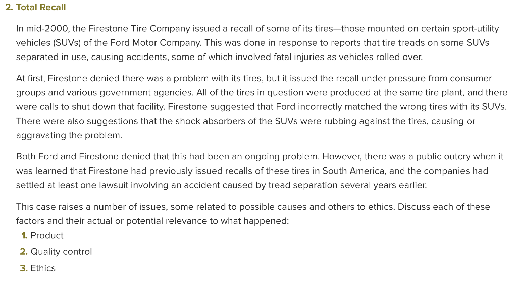 Solved 2. Total Recall In mid-2000, the Firestone Tire | Chegg.com