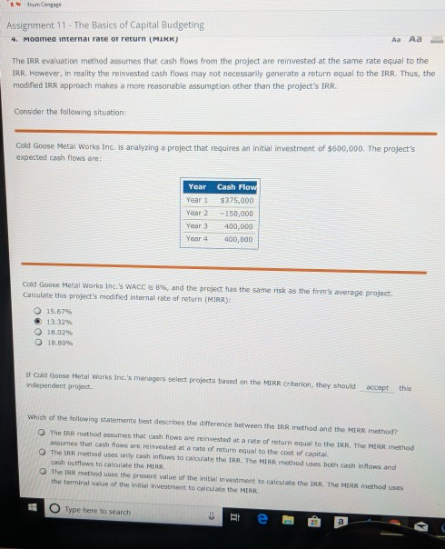 Solved Assignment 11 The Basics of Capital Budgeting Aa Aa | Chegg.com