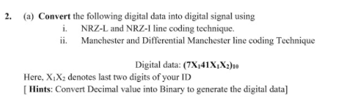 Solved 2. (a) Convert the following digital data into | Chegg.com