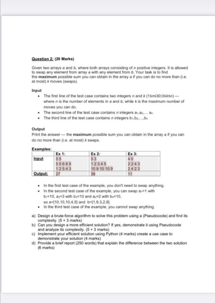 Solved Question 2: (20 Marks) Given two arrays a and b. | Chegg.com