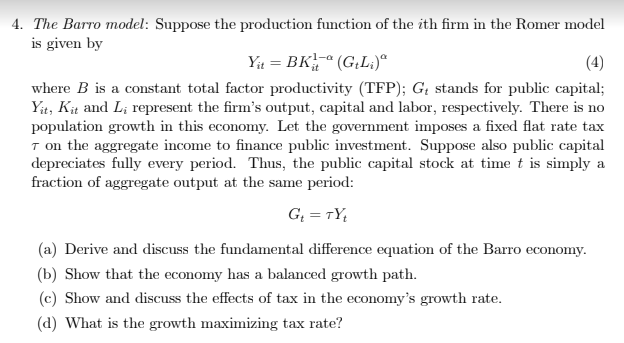 . The Barro model: Suppose the production function of | Chegg.com