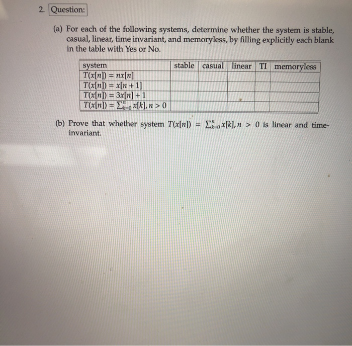 Solved 2. Question: (a) For each of the following systems, | Chegg.com
