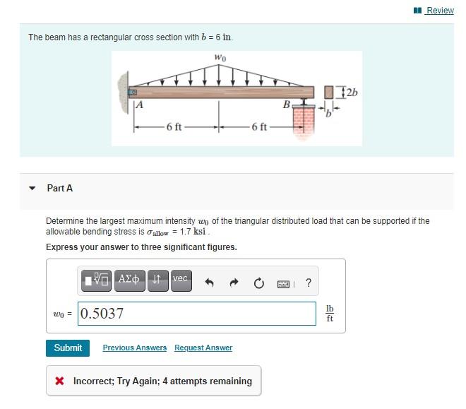 Solved Review The beam has a rectangular cross section with | Chegg.com