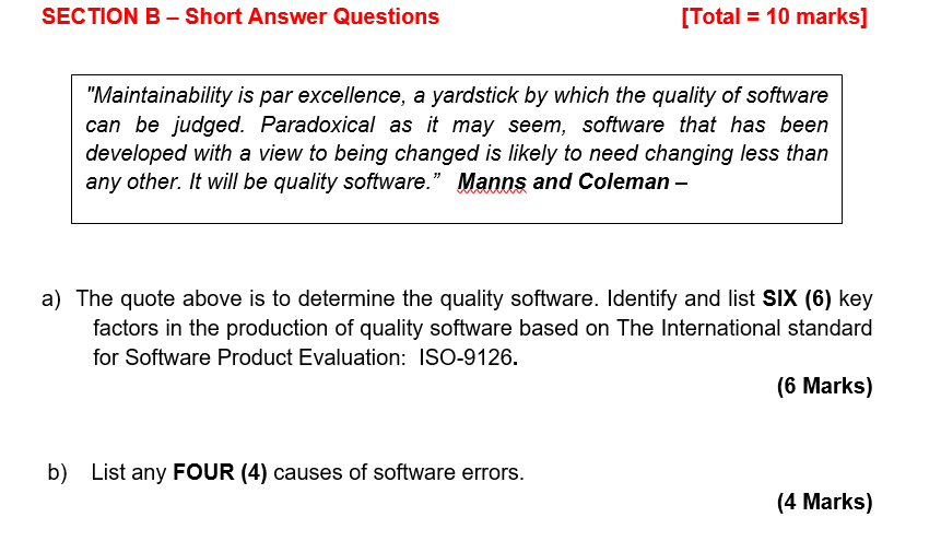Solved SECTION B - Short Answer Questions [Total = 10 marks] | Chegg.com