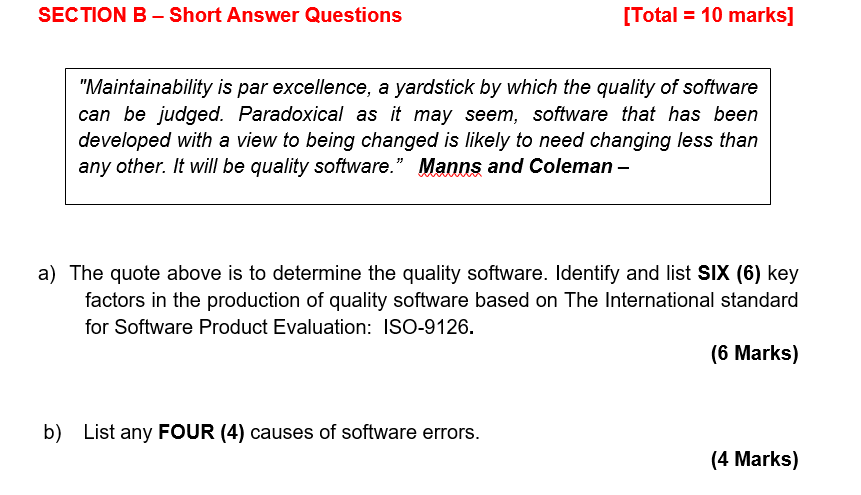 Solved SECTION B - Short Answer Questions [Total = 10 Marks] | Chegg.com