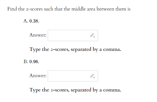 Solved the z-scores such that the middle area between them | Chegg.com