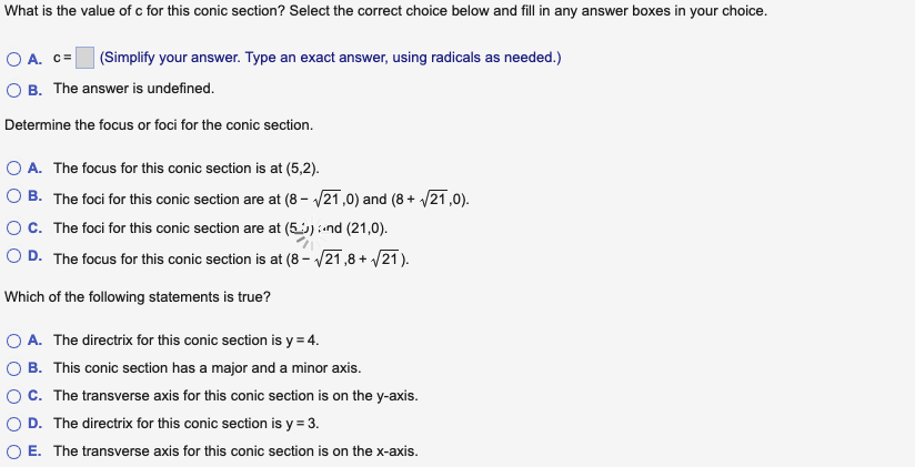 Solved Analyze this conic section to answer the questions | Chegg.com