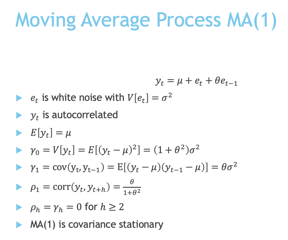 Moving Average Process MA(1)
\[
y_{t}=\mu+e_{t}+\theta e_{t-1}
\]
\( e_{t} \) is white noise with \( V\left[e_{t}\right]=\sig