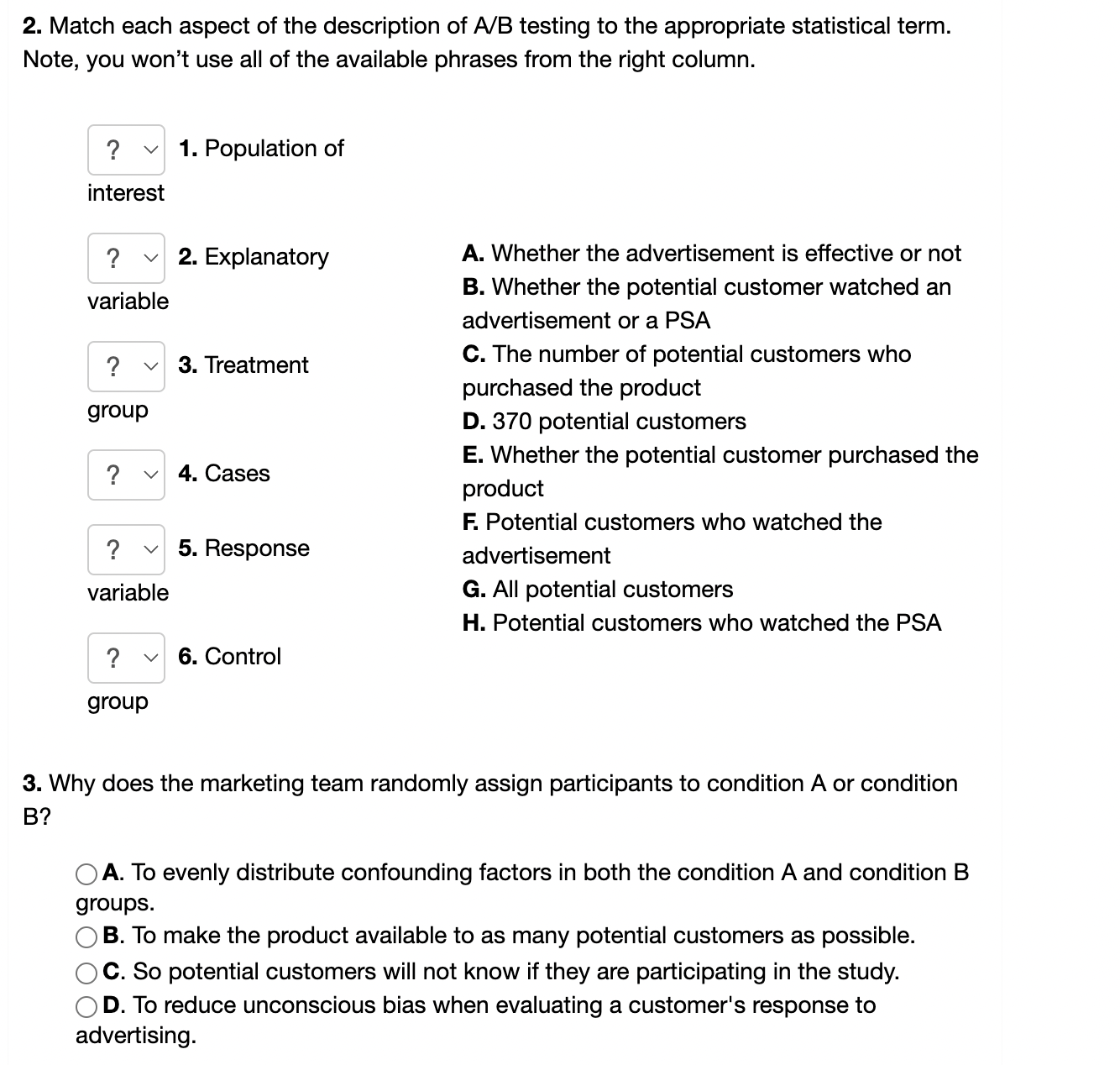 Solved 2. Match Each Aspect Of The Description Of A/B | Chegg.com