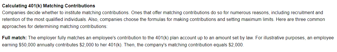 Solved Calculating 401(k) Matching Contributions Companies | Chegg.com