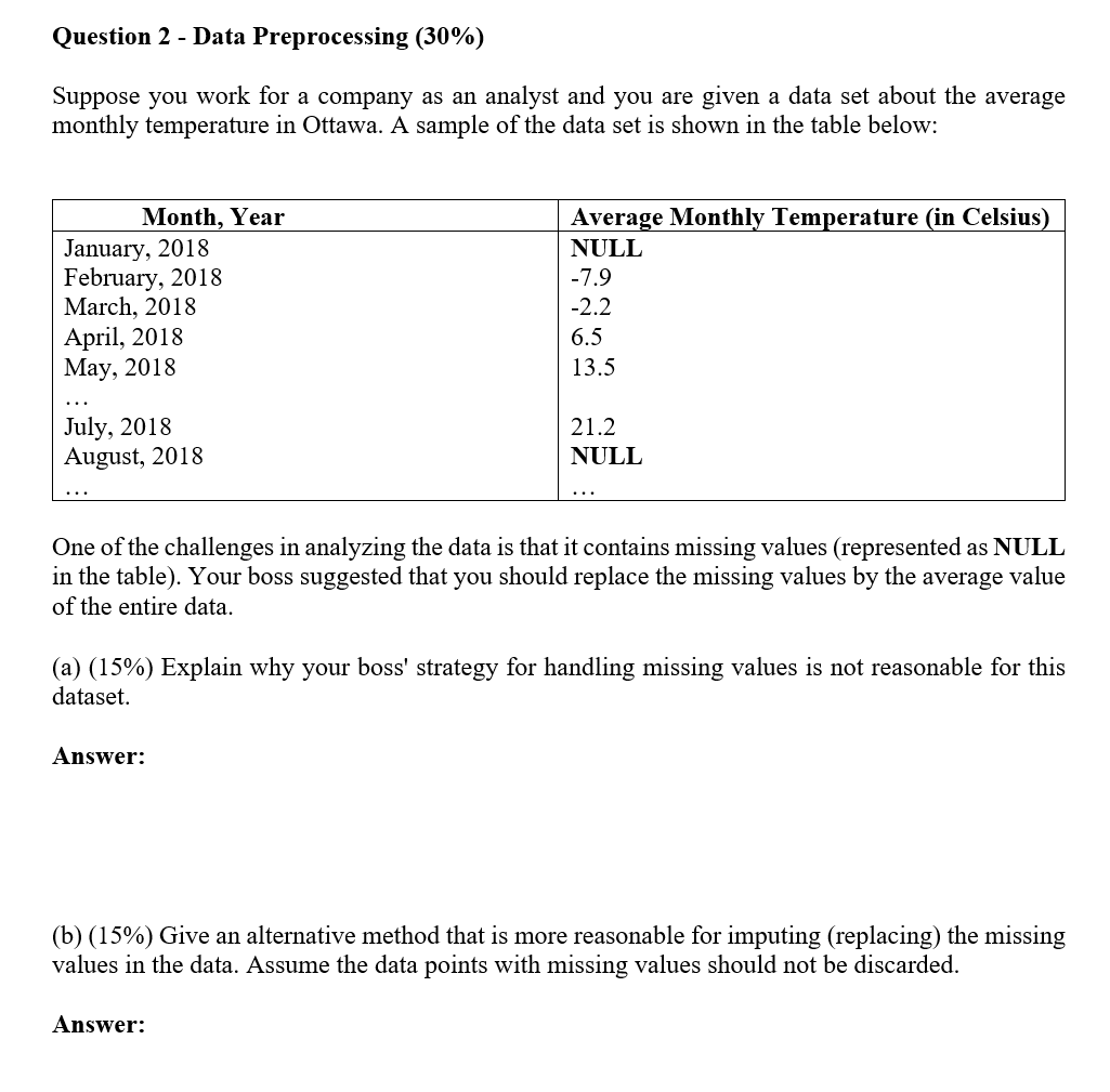 Solved Question 2 - Data Preprocessing (30%) Suppose You | Chegg.com