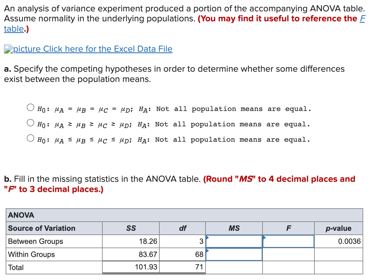 Solved An Analysis Of Variance Experiment Produced A Portion | Chegg.com