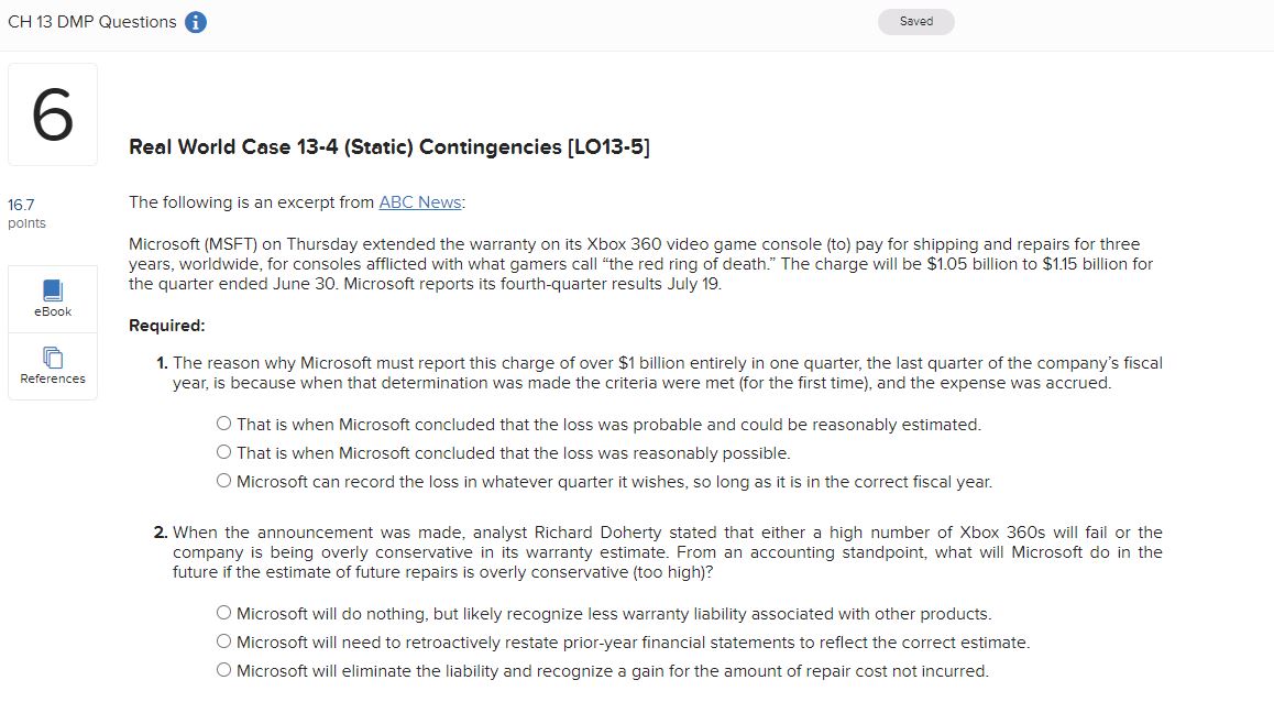 Solved Real World Case 13-4 (Static) Contingencies [LO13-5] | Chegg.com