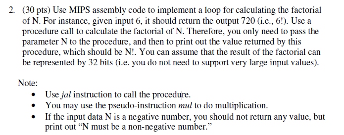 Solved 2. (30 pts) Use MIPS assembly code to implement a | Chegg.com