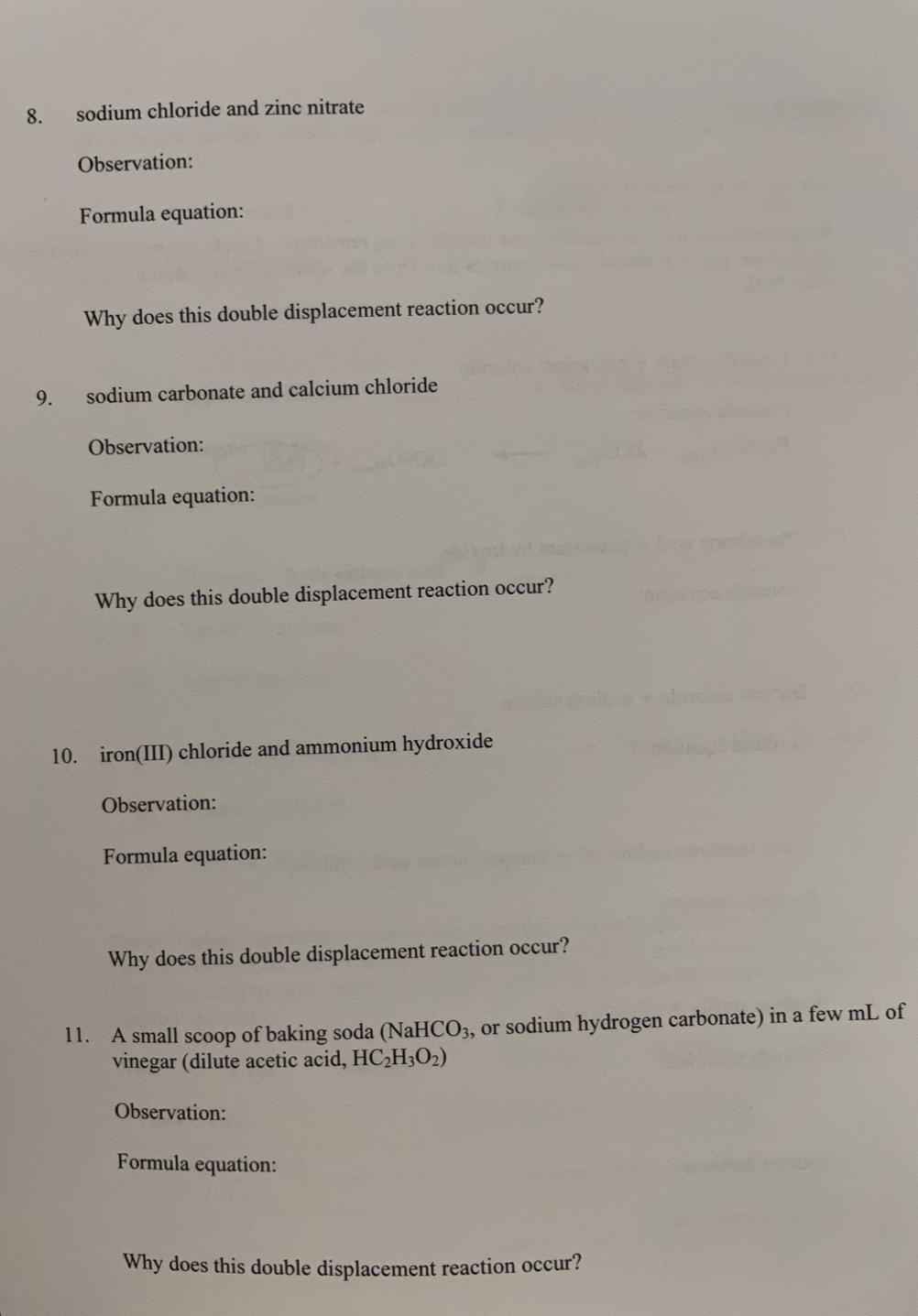 Solved 8. sodium chloride and zinc nitrate Observation