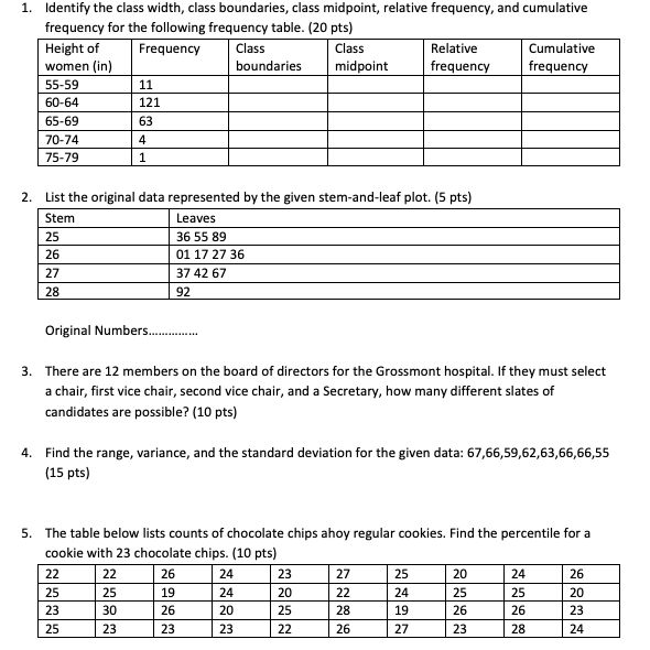 Solved 1. Identify The Class Width, Class Boundaries, Class | Chegg.com