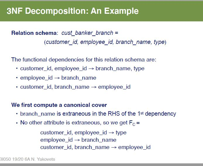 3NF Decomposition: An Example Relation schema: cust_banker_branch = (customer_id, employee_id, branch_name, type) The functio