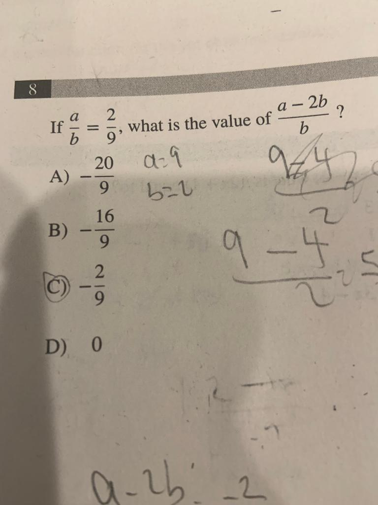 Solved If ba=92, what is the value of ba−2b? A) −920a=9b=2 | Chegg.com