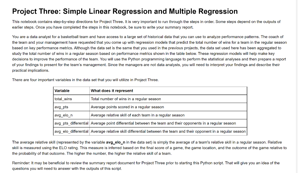 Solved Project Three: Simple Linear Regression and Multiple | Chegg.com