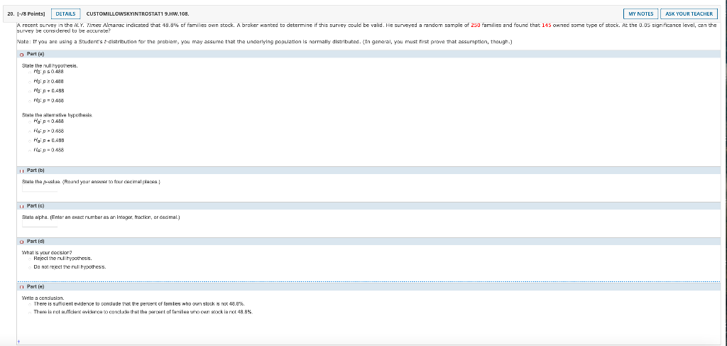 Solved CUSTOMILLOWSKYINTROSTAT1 9.HW.108. survey be | Chegg.com