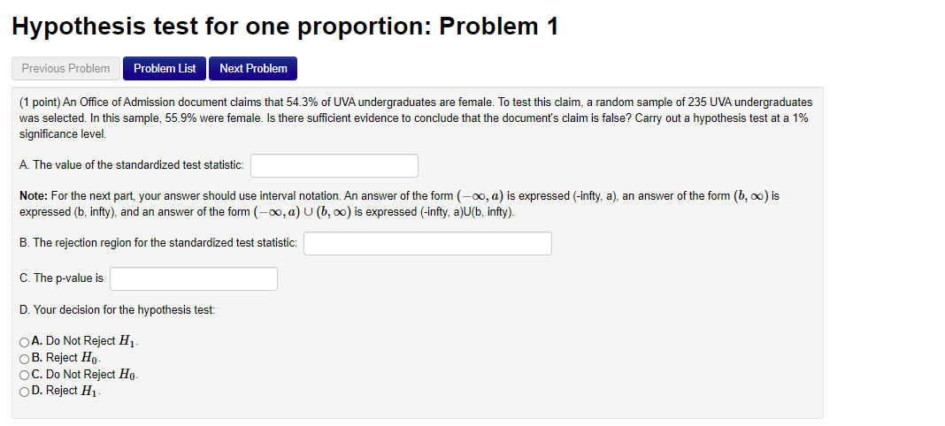 Solved Hypothesis test for one proportion: Problem 1 | Chegg.com
