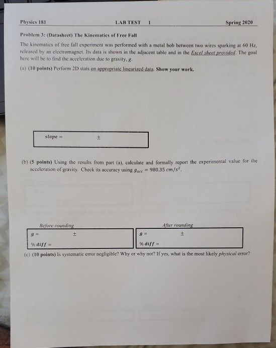 Physics 181 LAB TEST 1 Spring 2020 Problem 3: | Chegg.com