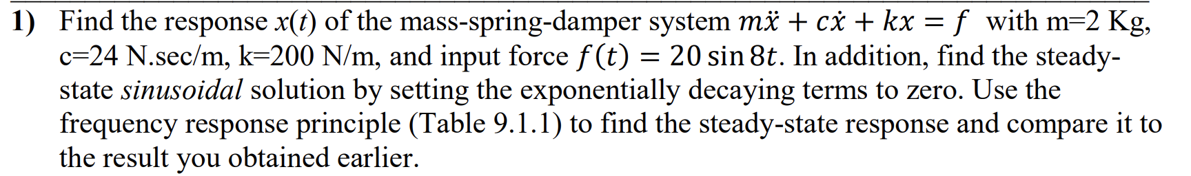 1) Find the response x(t) of the mass-spring-damper | Chegg.com