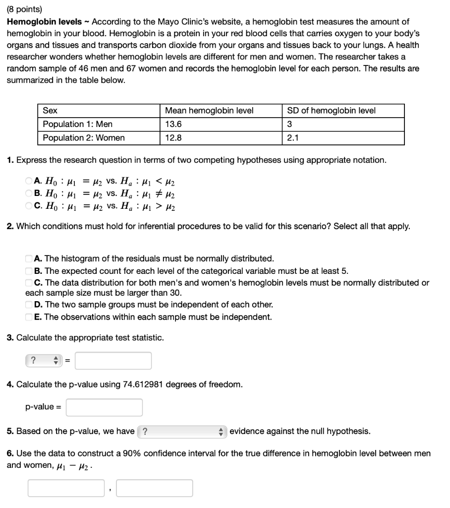 Solved 8 Points Hemoglobin Levels According To The Ma Chegg Com