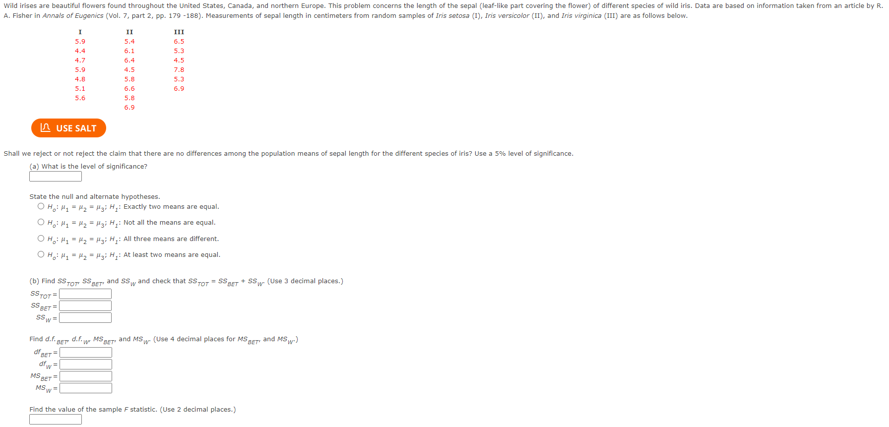 Solved H0:μ1=μ2=μ3;H1: Exactly two means are equal. | Chegg.com