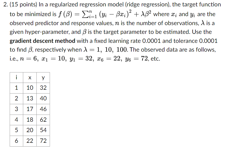 Solved 2. (15 points) In a regularized regression model | Chegg.com