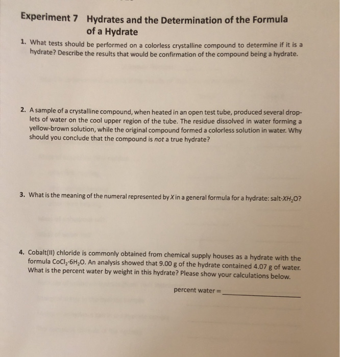 Solved Experiment 7 Hydrates and the Determination of the | Chegg.com