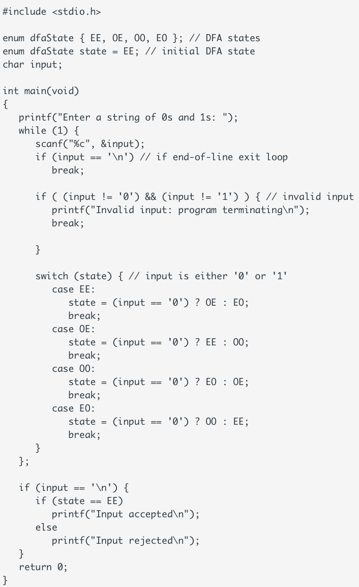 dfa program in c