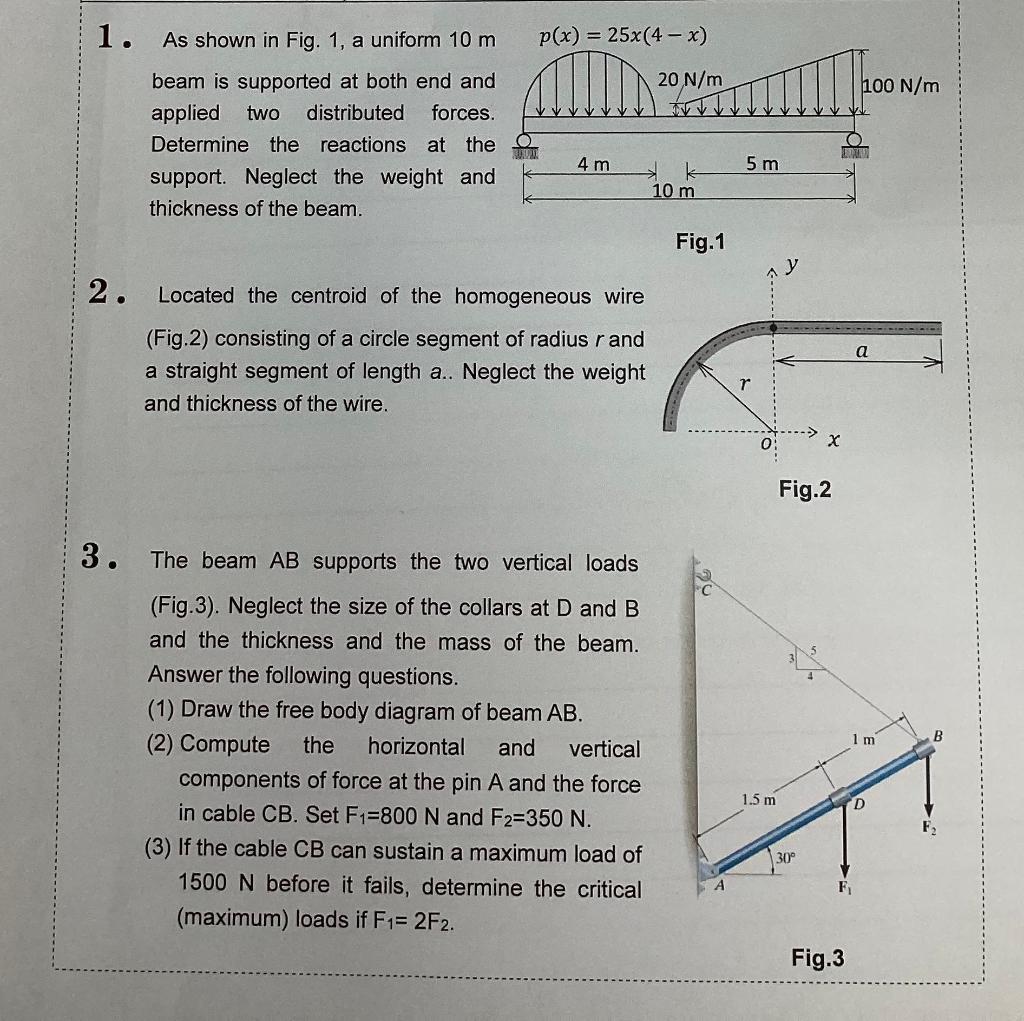 Solved 1. As Shown In Fig. 1, A Uniform 10 M Beam Is | Chegg.com