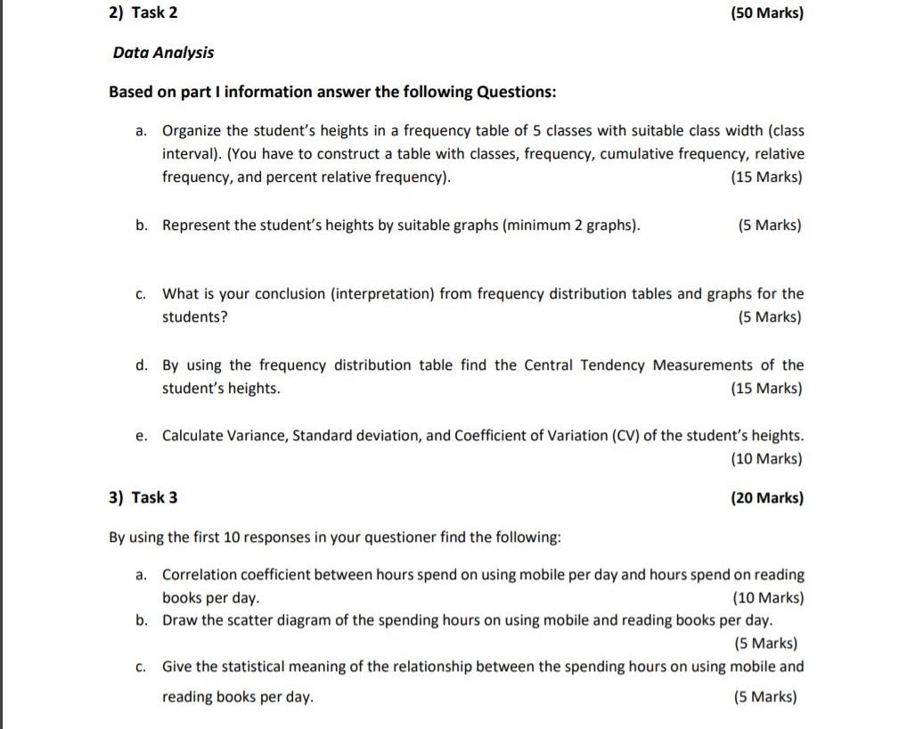 2) Task 2 (50 Marks) Data Analysis Based on part I | Chegg.com
