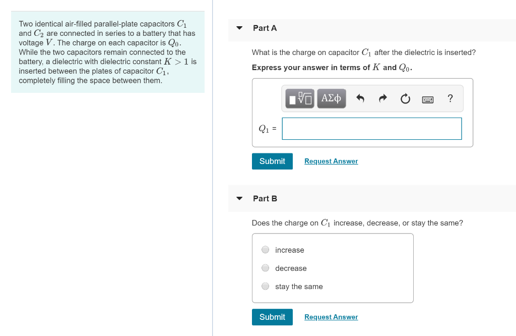 Solved Part A Two Identical Air filled Parallel plate Chegg