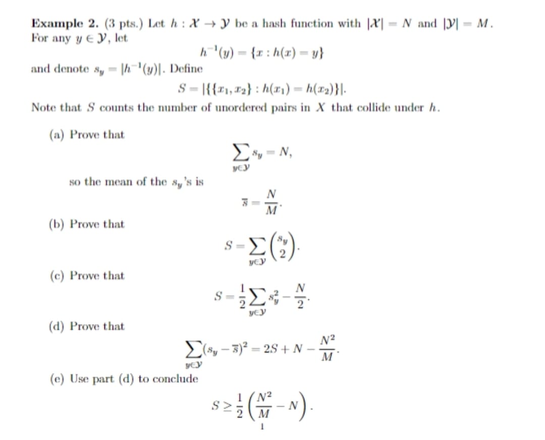 Solved Example 2. (3 ﻿pts.) ﻿Let h:x→Y ﻿be a hash function | Chegg.com