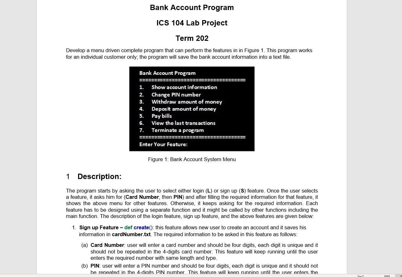 Solved Bank Account Program ICS 104 Lab Project Term 202 | Chegg.com