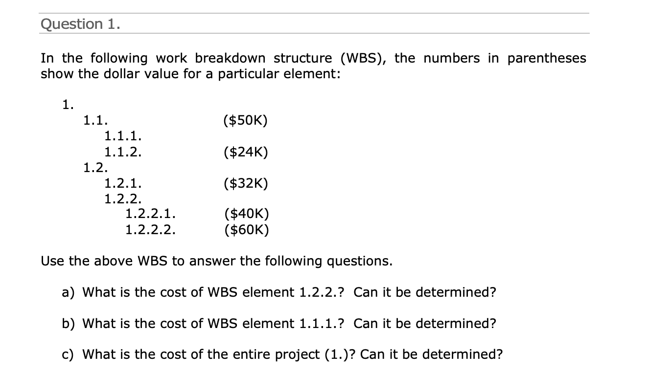 Solved Question 1. In the following work breakdown structure | Chegg.com