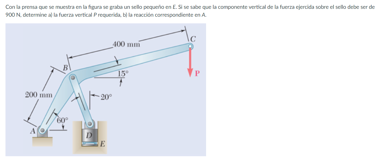 Con la prensa que se muestra en la figura se graba un sello pequeño en E. Si se sabe que la componente vertical de la fuerza