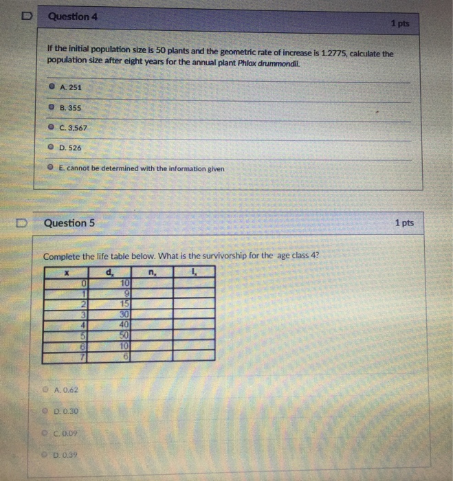 Solved D Question 4 1 pts If the initial population size is | Chegg.com