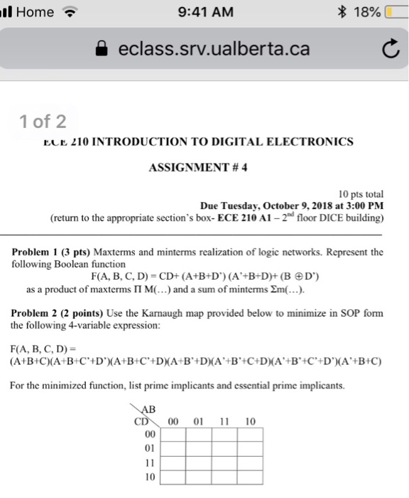 Solved 9:41 AM * 18% eclass.srv.ualberta.ca 1 of 2 ECE 210 | Chegg.com