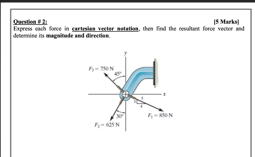 Question # 2:
[5 Marks]
Express each force in cartesian vector notation, then find the resultant force vector and
determine i
