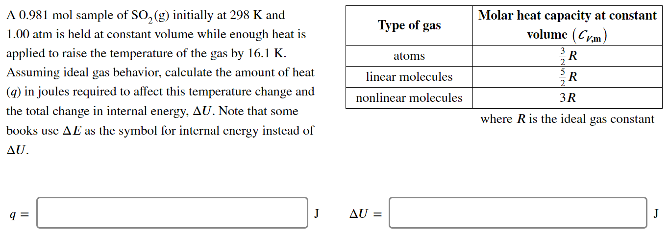 Solved Type of gas Molar heat capacity at constant volume | Chegg.com