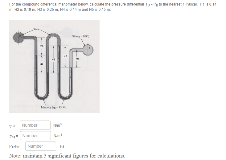 For the compound differential manometer below, calculate the pressure differential \( \mathrm{P}_{\mathrm{A}}-\mathrm{P}_{\ma