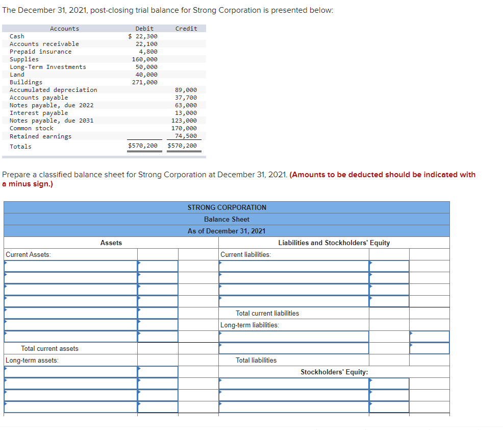 Solved Prepare a classified balance sheet for Strong | Chegg.com