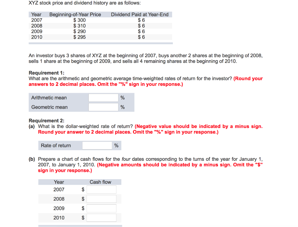 Solved XYZ stock price and dividend history are as follows | Chegg.com
