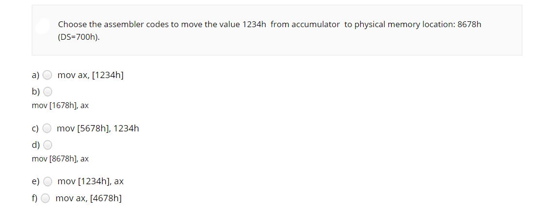 Solved Choose The Assembler Codes To Move The Value 1234h | Chegg.com