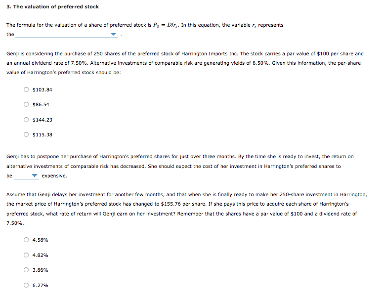 Solved 3. The valuation of preferred stock The formula for | Chegg.com